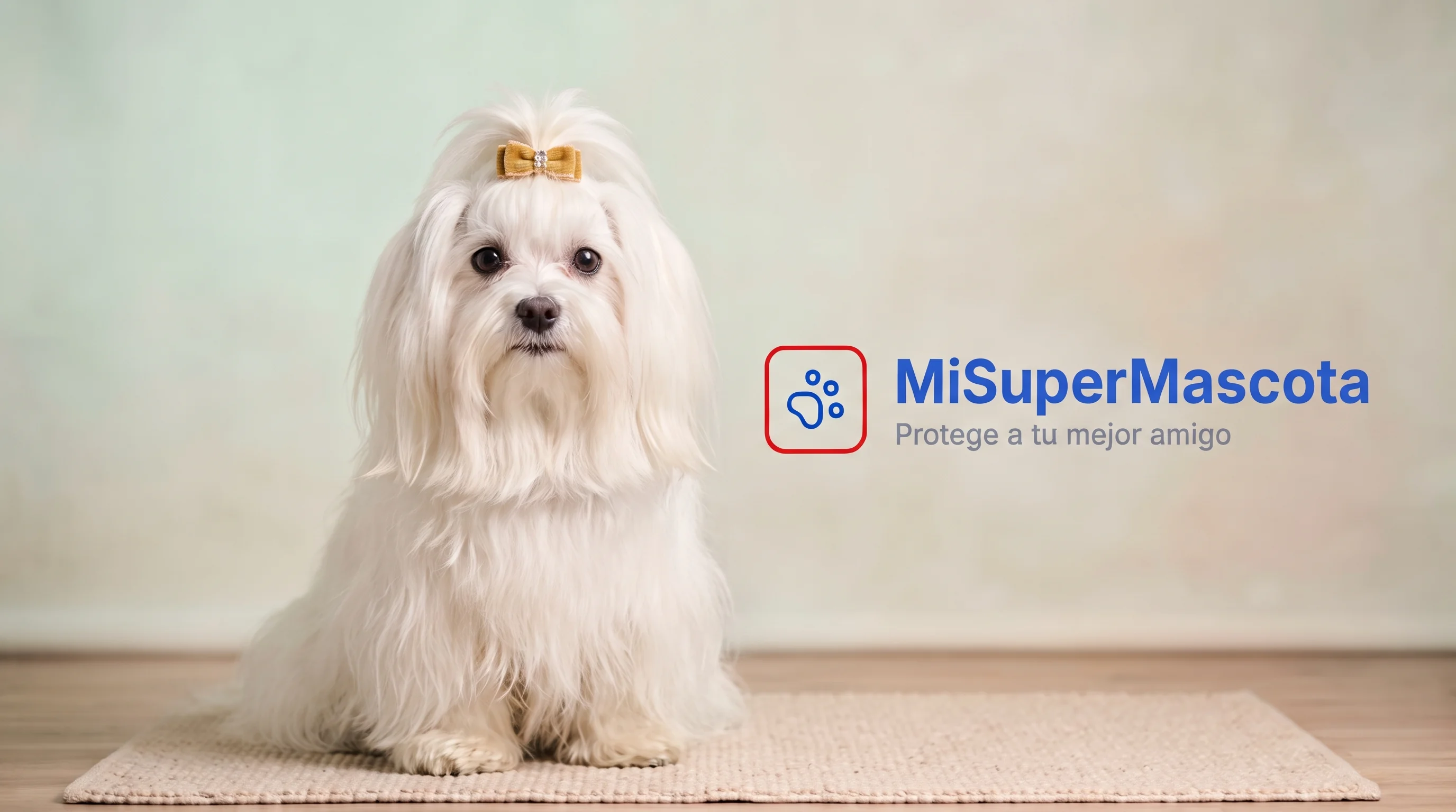 MiSuperMascota - Seguro de salud para Bichón Maltés Fotografía de estudio de un perro Bichón Maltés con pelaje blanco y largo y un lazo dorado en la cabeza, sentado sobre una alfombra, con el logotipo de MiSuperMascota y el eslogan "Protege a tu mejor amigo" a la derecha.