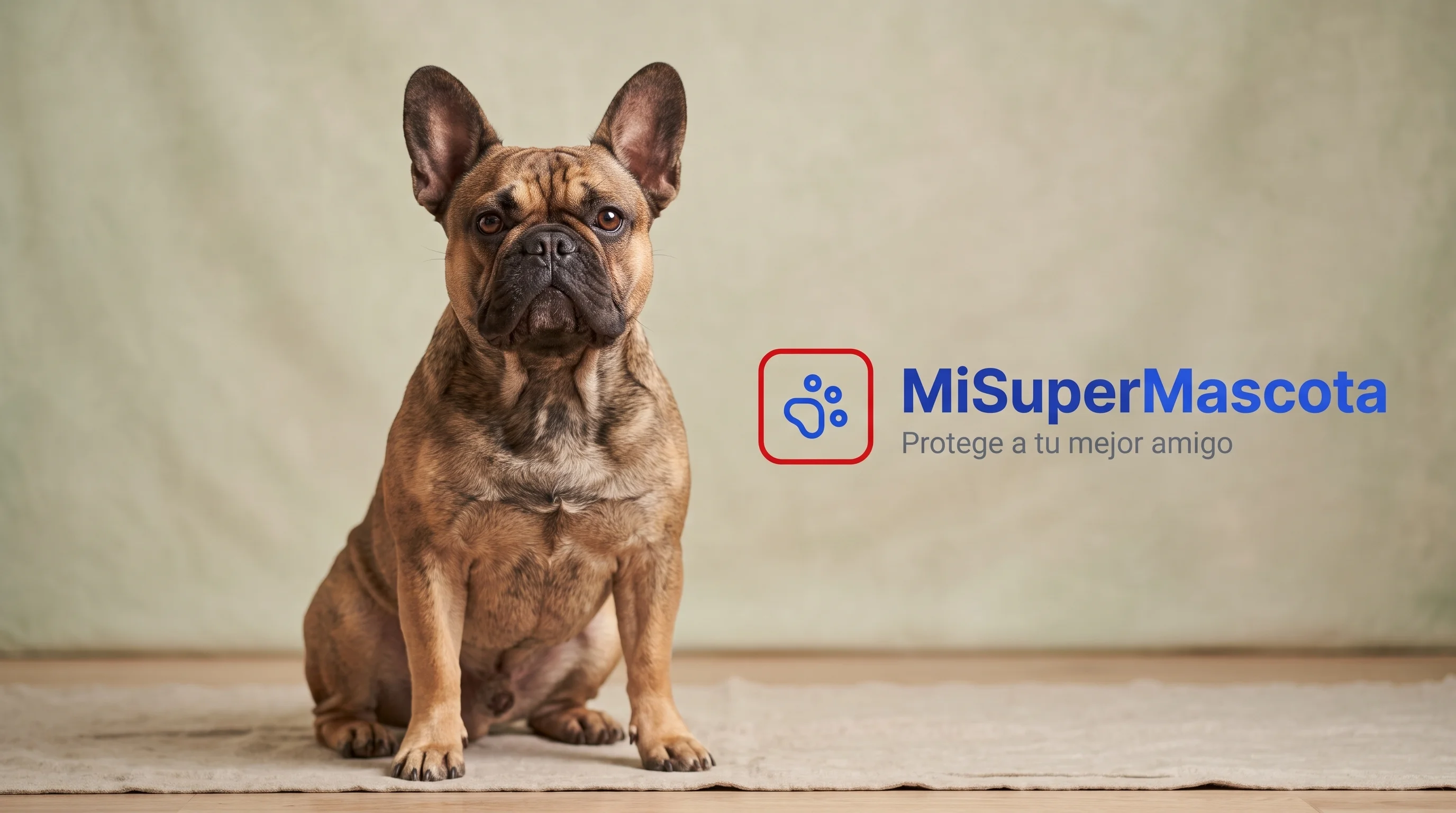Fotografía de estudio de un perro Bulldog Francés atigrado sentado sobre una alfombra, junto al logo de MiSuperMascota y el eslogan "Protege a tu mejor amigo".