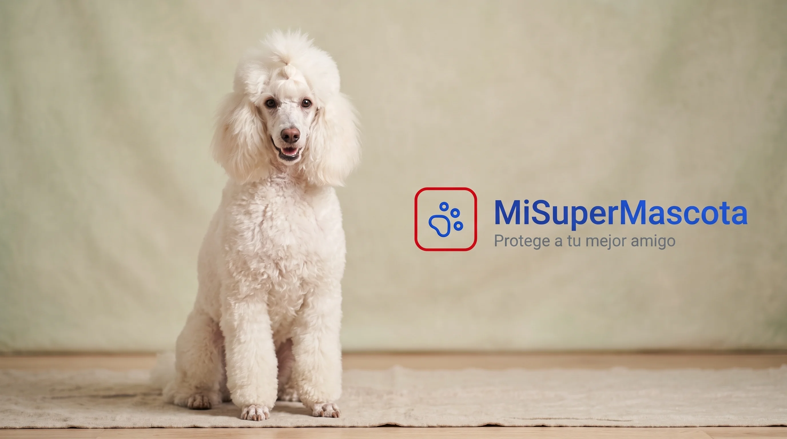MiSuperMascota - Seguro de salud para Caniche Blanco Fotografía de estudio de un perro Caniche blanco con peinado de exposición sentado sobre una alfombra, junto al logo de MiSuperMascota y el eslogan "Protege a tu mejor amigo".