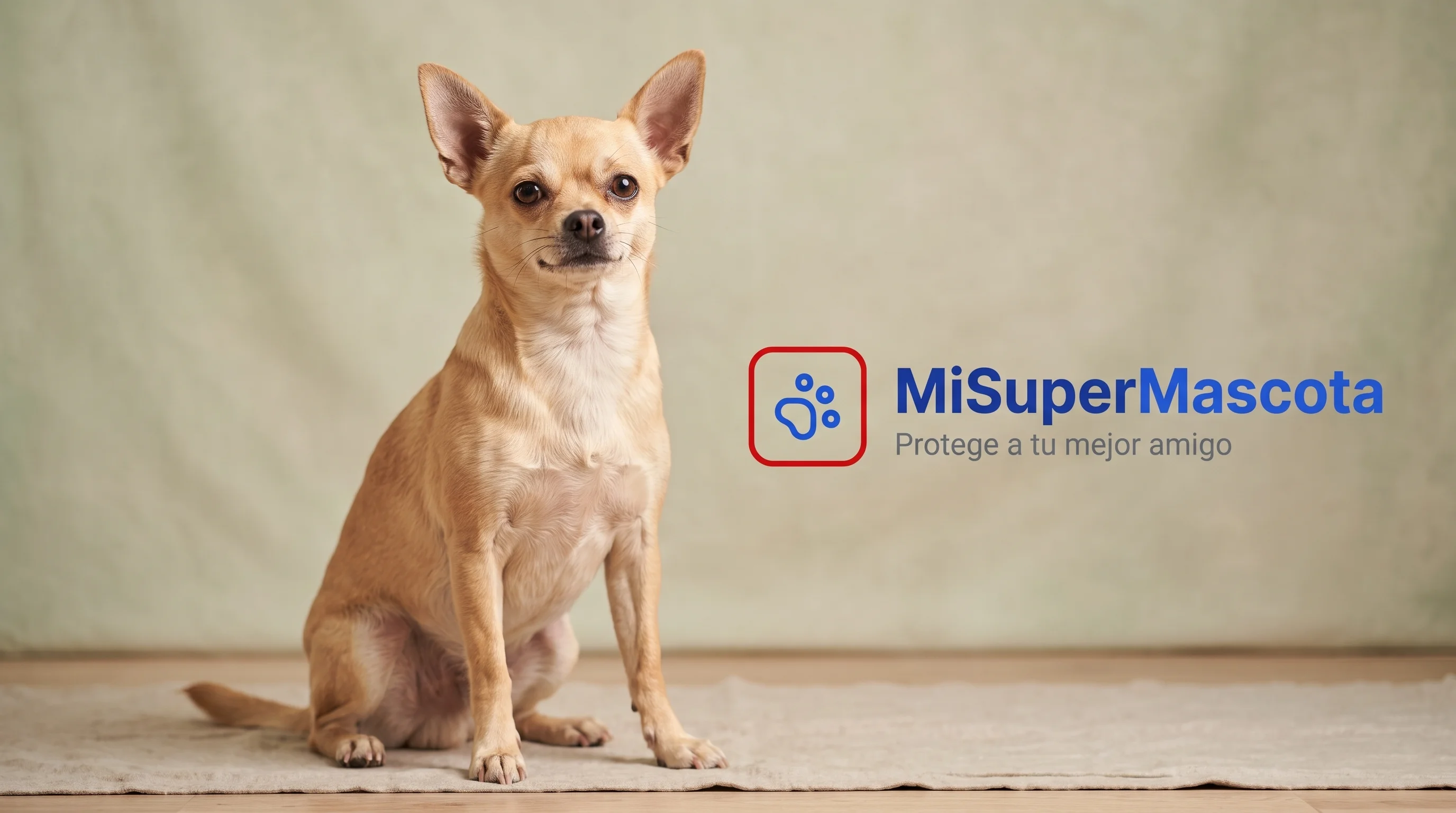 Fotografía de estudio de un perro Chihuahua beige sentado sobre una alfombra, con el logo de "MiSuperMascota" y el eslogan "Protege a tu mejor amigo" a la derecha.