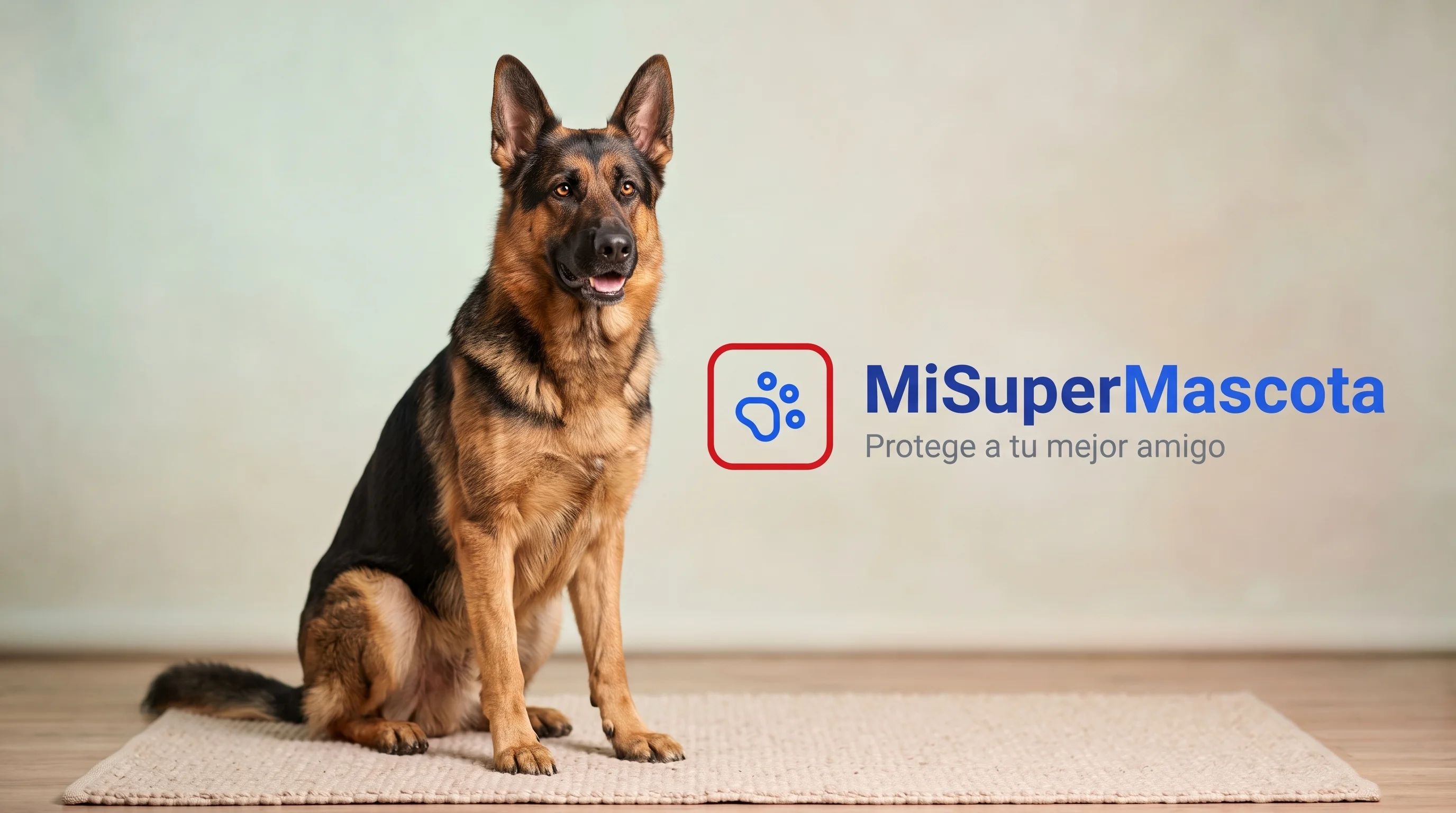 Fotografía de estudio de un perro Pastor Alemán sentado sobre una alfombra, con el logo de "MiSuperMascota" y el eslogan "Protege a tu mejor amigo" a la derecha.