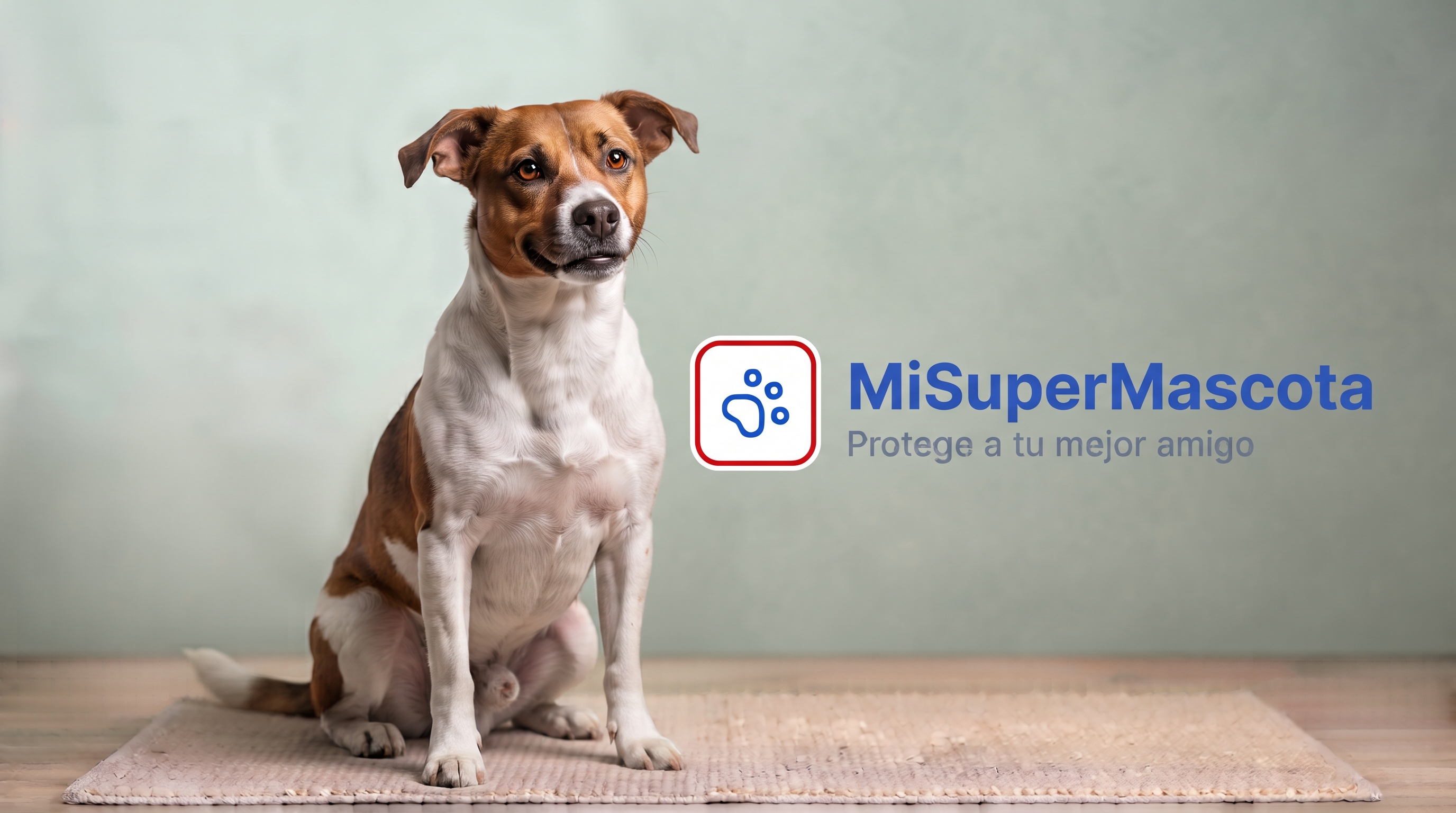 Fotografía de estudio de un perro mestizo de tamaño mediano con pelaje bicolor marrón y blanco, sentado sobre una alfombra, con el logotipo de MiSuperMascota y el eslogan "Protege a tu mejor amigo" a la derecha.