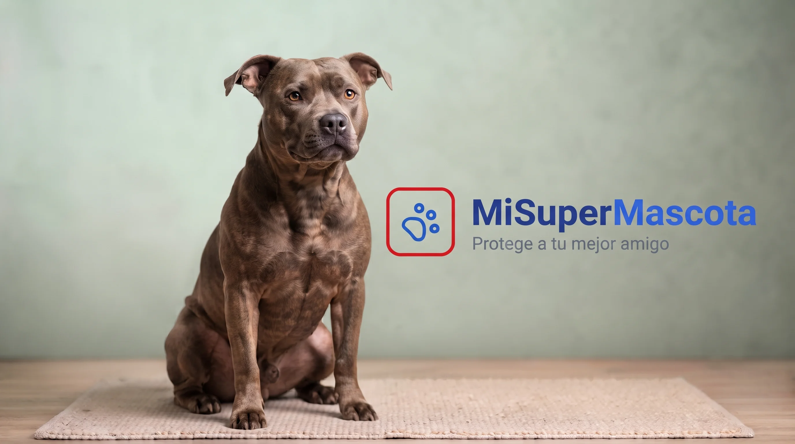Fotografía de estudio de un perro tipo Pitbull de complexión atlética y pelaje marrón atigrado sentado sobre una alfombra, con el logo de MiSuperMascota y el eslogan "Protege a tu mejor amigo" a la derecha.