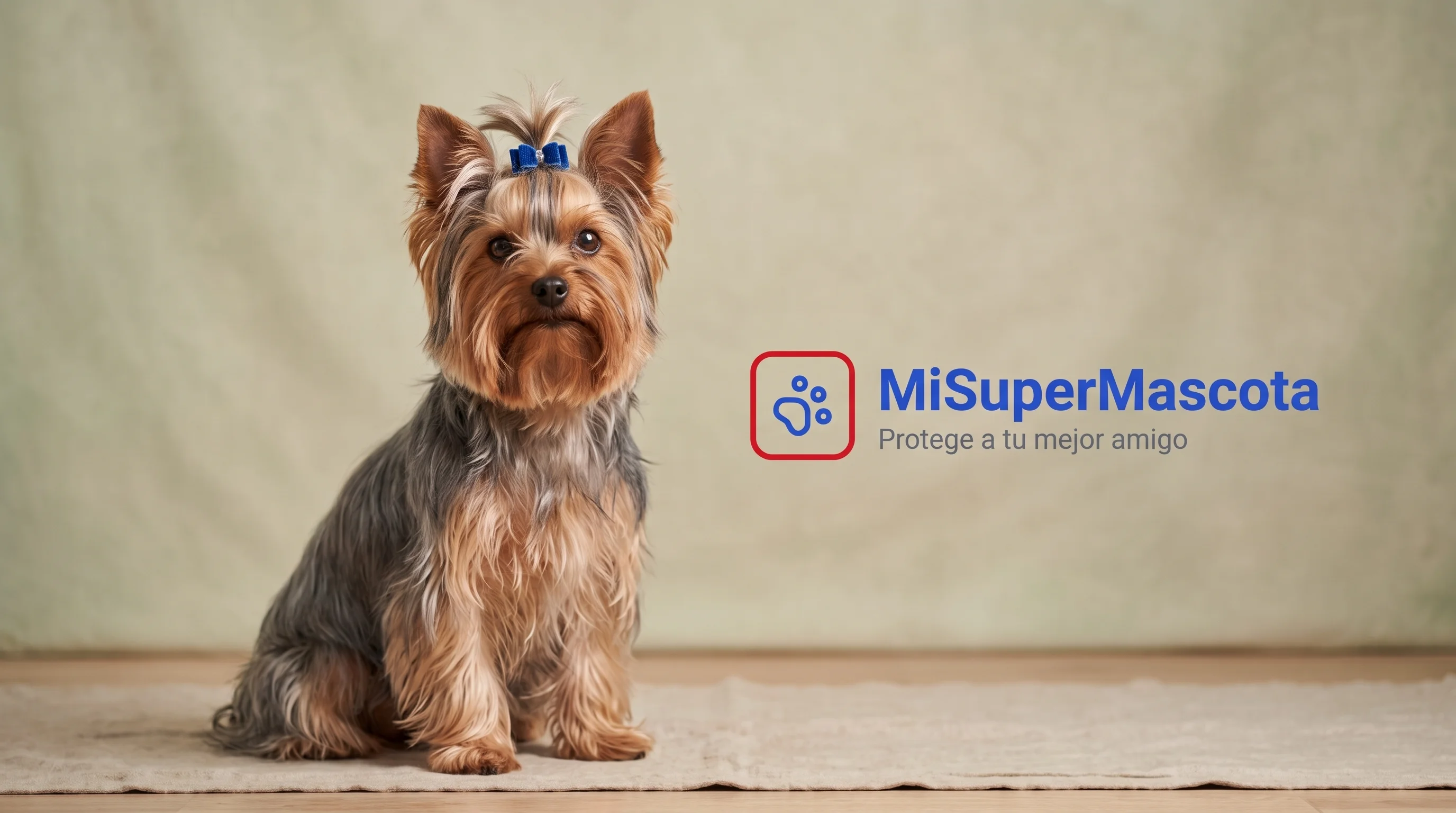 Fotografía de estudio de un perro Yorkshire Terrier con un lazo azul, sentado sobre una alfombra. A la derecha, el logotipo de MiSuperMascota con el eslogan "Protege a tu mejor amigo".